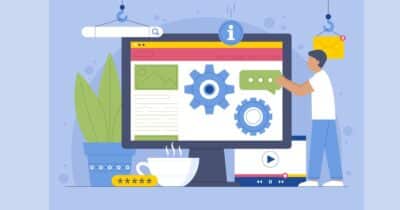 Illustration of a developer working on ats solutions with gears on a screen, representing ats software development processes